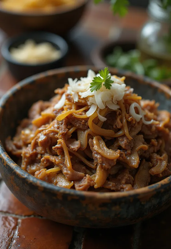 Carne Seca served with rice and fresh cilantro
