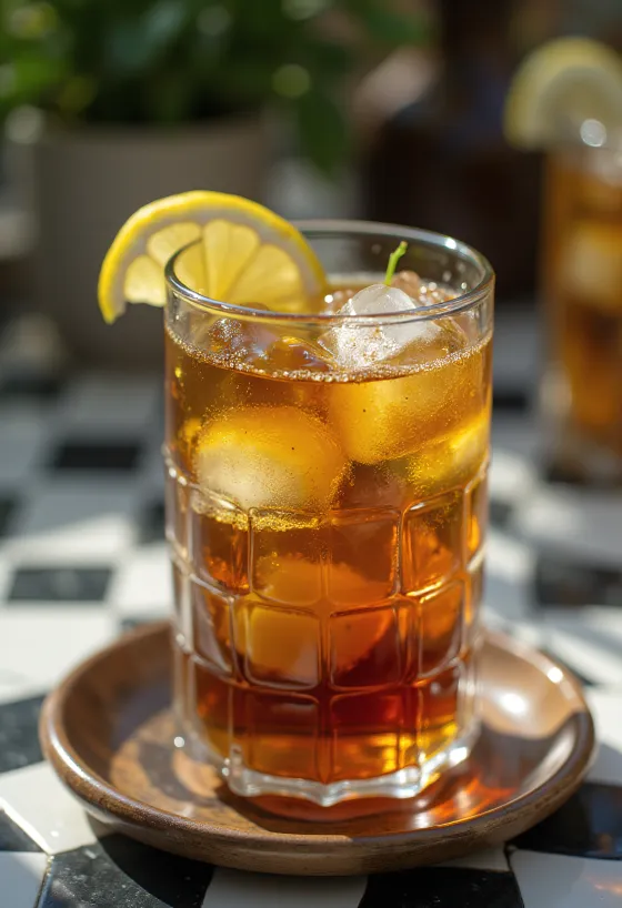 Mint iced tea in a glass with lime slices and mint leaves