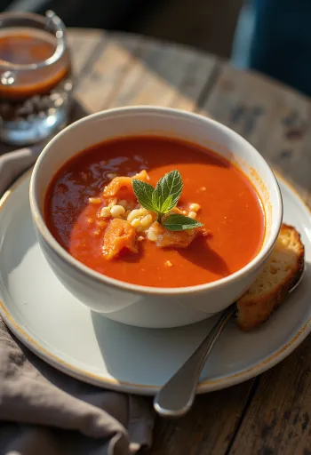 Tomato soup with fragrant basil and croutons
