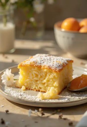 Golden baked rice soufflé cake dusted with powdered sugar and served with jam