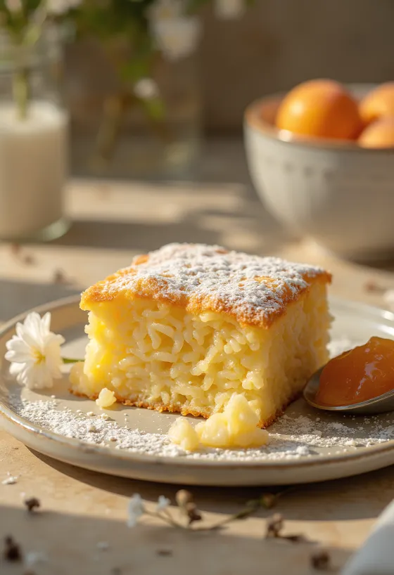 Golden baked rice soufflé cake dusted with powdered sugar and served with jam