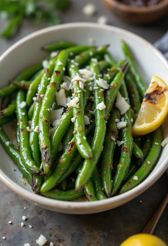 Charred green beans served
