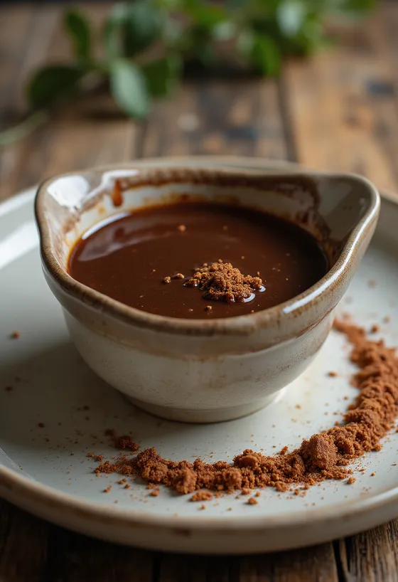 Spicy chocolate chili sauce served in a small bowl