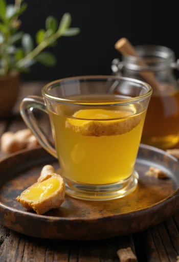 Hot ginger spiced tea in a mug with lemon and cinnamon