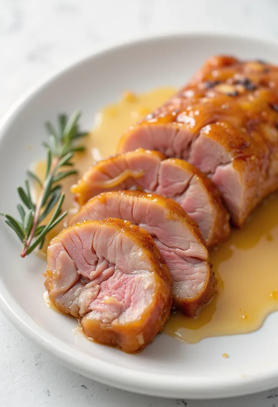 Sliced duck breast with crispy skin drizzled with orange sauce