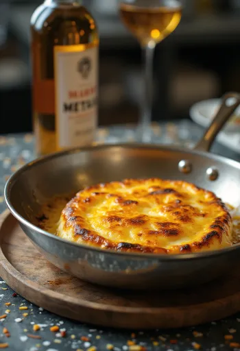Saganaki flambéed, with golden brown crust, served with a lemon slice