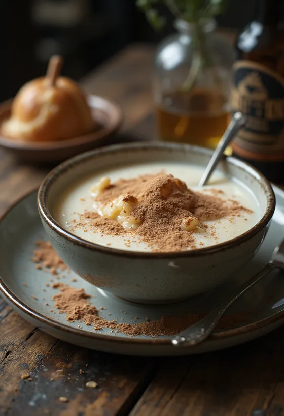 Creamy semolina pudding dusted with cocoa, served with fresh fruit.
