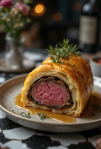 Sliced Beef Wellington showing pink center and flaky pastry